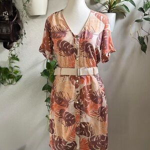 KOCCA Tropical Leaf Button Front Belted Dress – Made in Italy – Size S